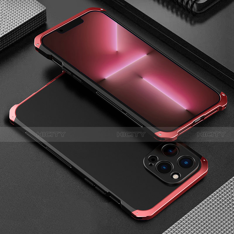 Handyhülle Hülle Luxus Aluminium Metall Tasche 360 Grad Ganzkörper für Apple iPhone 13 Pro Rot und Schwarz