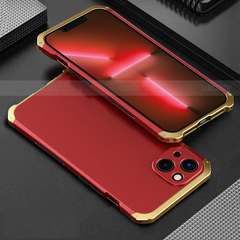 Handyhülle Hülle Luxus Aluminium Metall Tasche 360 Grad Ganzkörper für Apple iPhone 14 Gold und Rot