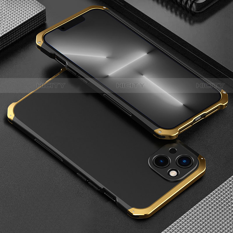 Handyhülle Hülle Luxus Aluminium Metall Tasche 360 Grad Ganzkörper für Apple iPhone 14 Gold und Schwarz