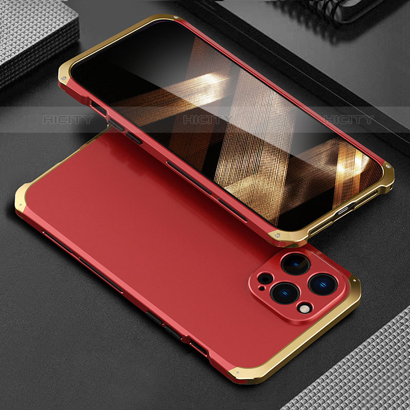 Handyhülle Hülle Luxus Aluminium Metall Tasche 360 Grad Ganzkörper für Apple iPhone 15 Pro Gold und Rot