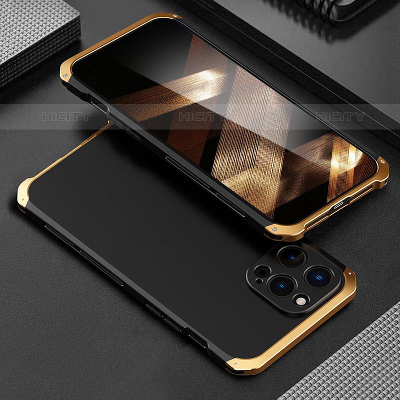 Handyhülle Hülle Luxus Aluminium Metall Tasche 360 Grad Ganzkörper für Apple iPhone 15 Pro Gold und Schwarz