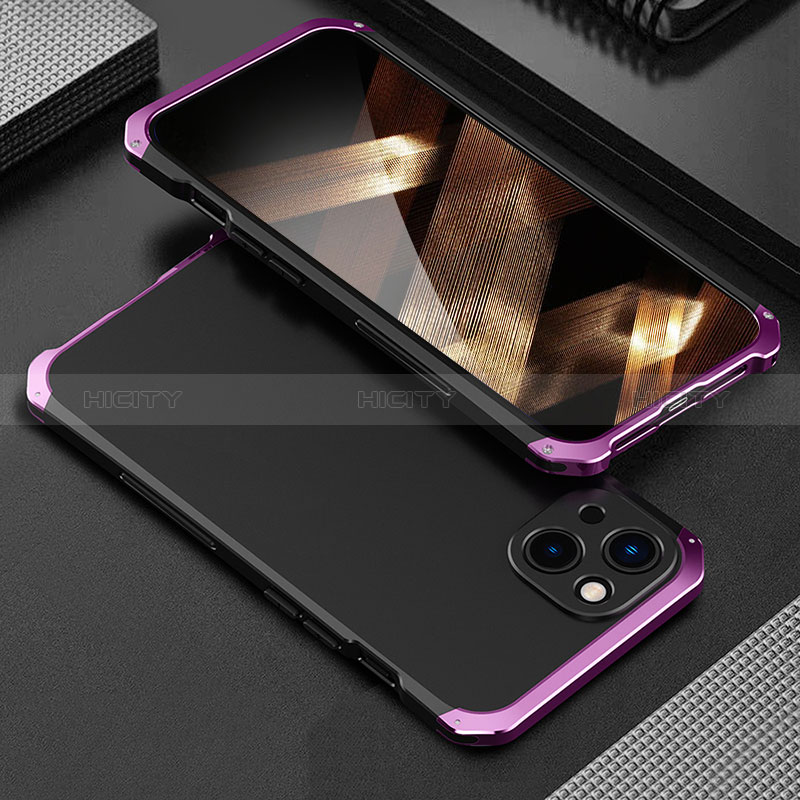 Handyhülle Hülle Luxus Aluminium Metall Tasche 360 Grad Ganzkörper für Apple iPhone 15 Violett Plus