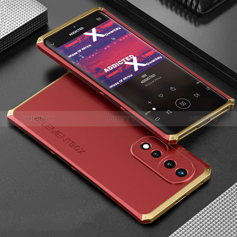 Handyhülle Hülle Luxus Aluminium Metall Tasche 360 Grad Ganzkörper für Huawei Honor 70 5G Gold und Rot