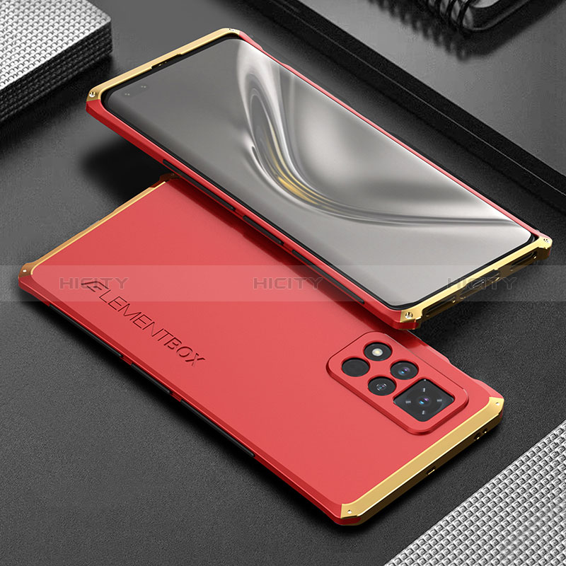 Handyhülle Hülle Luxus Aluminium Metall Tasche 360 Grad Ganzkörper für Huawei Honor V40 5G Gold und Rot Plus