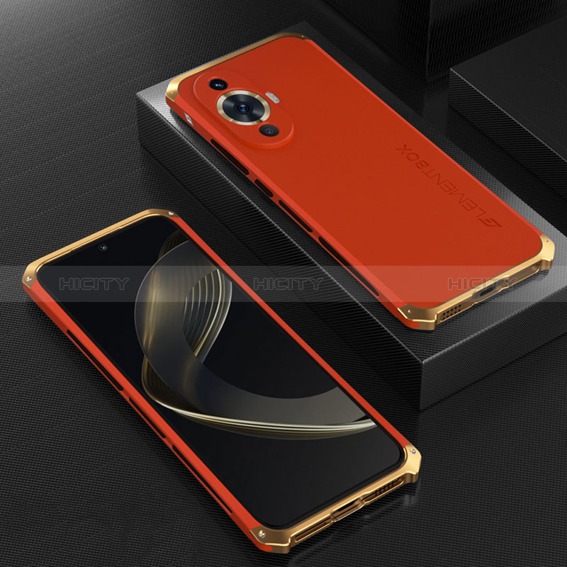 Handyhülle Hülle Luxus Aluminium Metall Tasche 360 Grad Ganzkörper für Huawei Nova 11 Gold und Rot