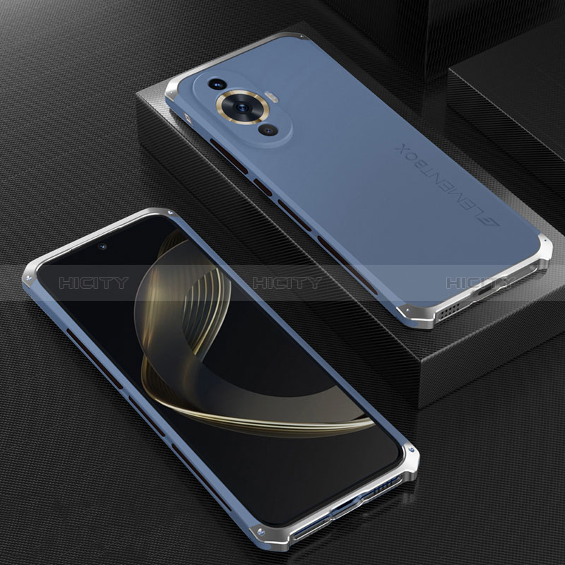 Handyhülle Hülle Luxus Aluminium Metall Tasche 360 Grad Ganzkörper für Huawei Nova 11 Silber und Blau