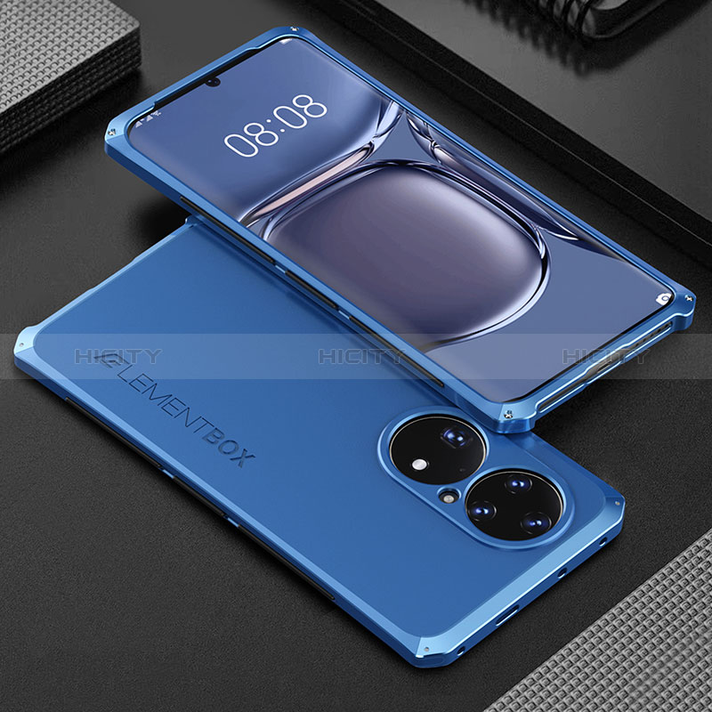 Handyhülle Hülle Luxus Aluminium Metall Tasche 360 Grad Ganzkörper für Huawei P50 Pro Blau Plus