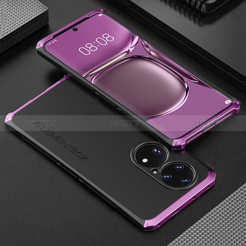 Handyhülle Hülle Luxus Aluminium Metall Tasche 360 Grad Ganzkörper für Huawei P50 Pro Violett