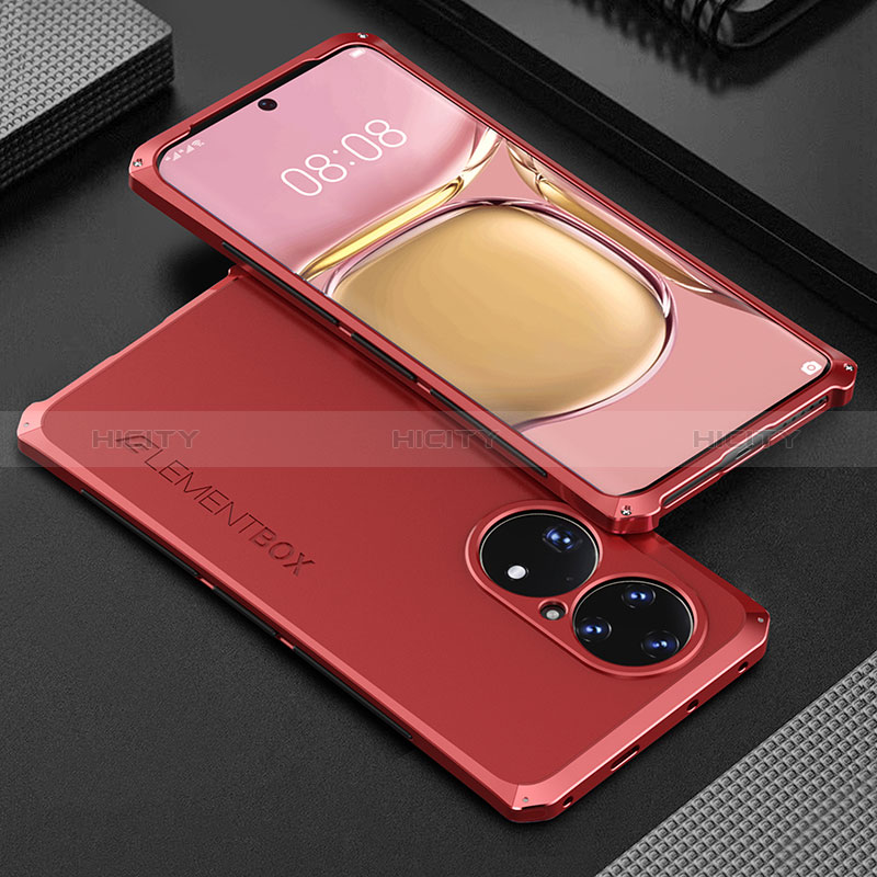 Handyhülle Hülle Luxus Aluminium Metall Tasche 360 Grad Ganzkörper für Huawei P50 Rot Plus