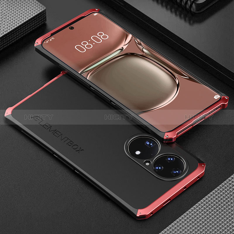 Handyhülle Hülle Luxus Aluminium Metall Tasche 360 Grad Ganzkörper für Huawei P50 Rot und Schwarz