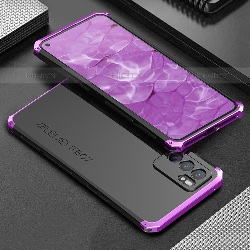 Handyhülle Hülle Luxus Aluminium Metall Tasche 360 Grad Ganzkörper für Oppo Reno6 5G Violett