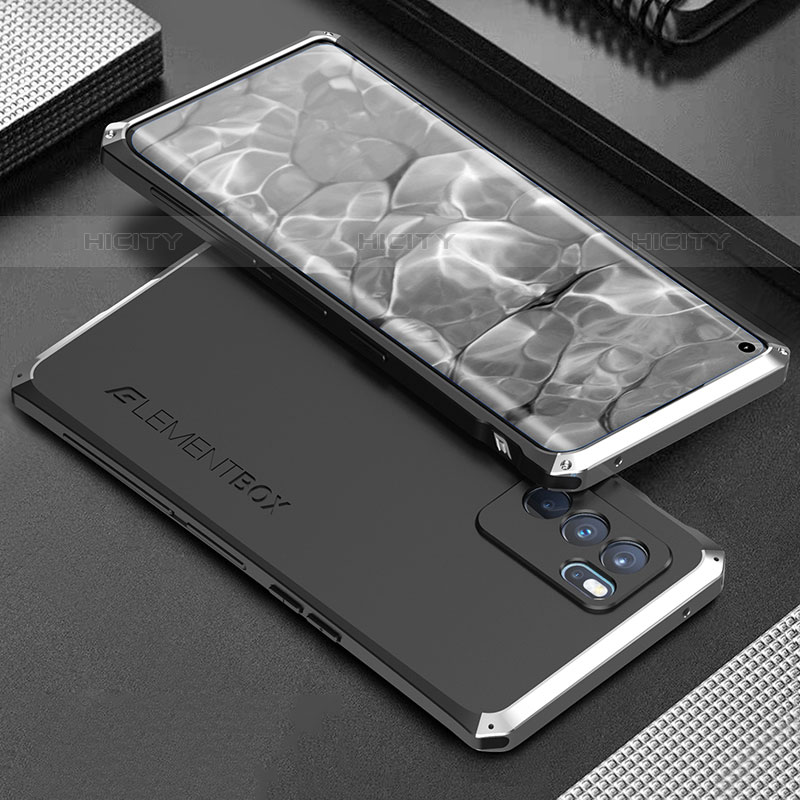 Handyhülle Hülle Luxus Aluminium Metall Tasche 360 Grad Ganzkörper für Oppo Reno6 Pro 5G India Silber und Schwarz Plus