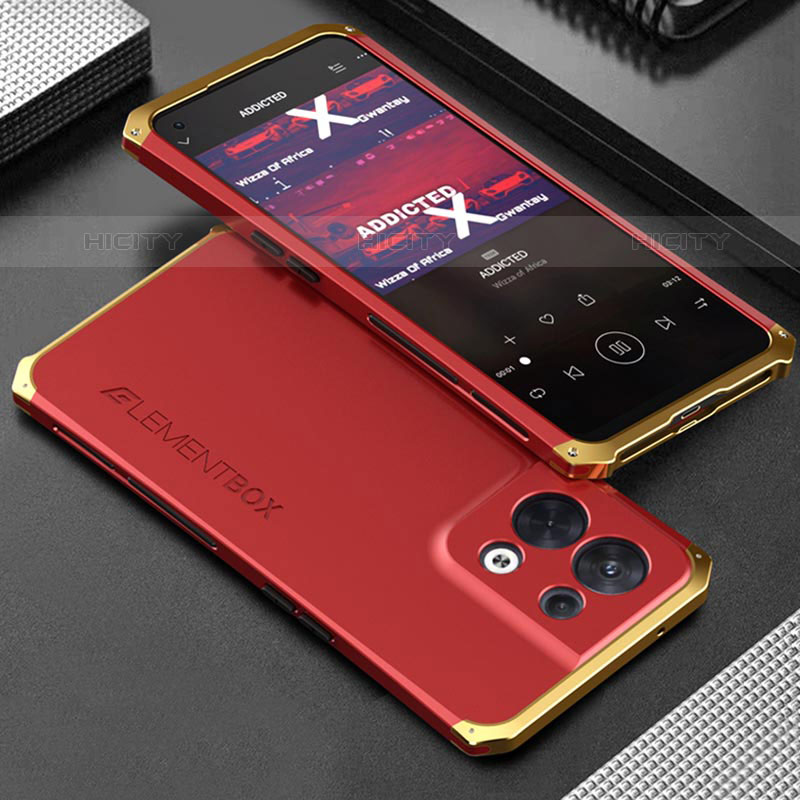 Handyhülle Hülle Luxus Aluminium Metall Tasche 360 Grad Ganzkörper für Oppo Reno9 5G Gold und Rot