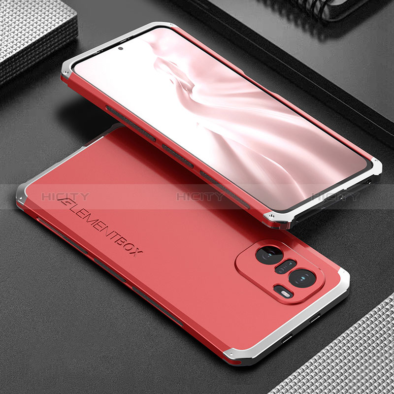 Handyhülle Hülle Luxus Aluminium Metall Tasche 360 Grad Ganzkörper für Xiaomi Poco F3 5G Silber und Rot