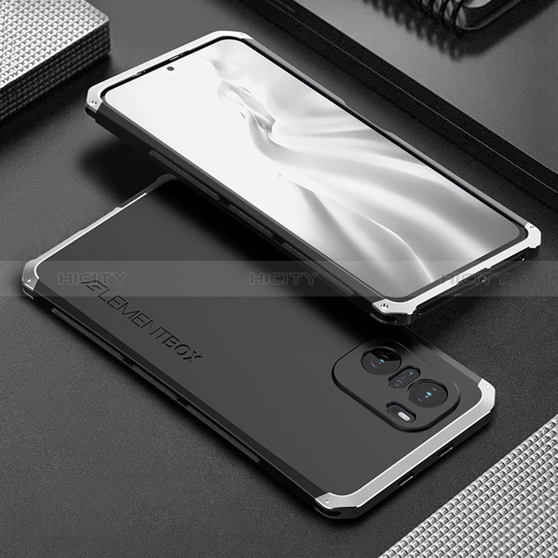 Handyhülle Hülle Luxus Aluminium Metall Tasche 360 Grad Ganzkörper für Xiaomi Poco F3 5G Silber und Schwarz Plus