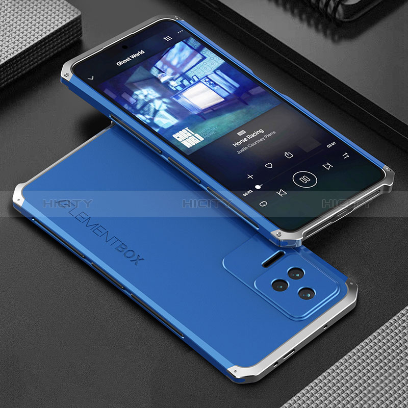 Handyhülle Hülle Luxus Aluminium Metall Tasche 360 Grad Ganzkörper für Xiaomi Poco F4 5G Silber und Blau