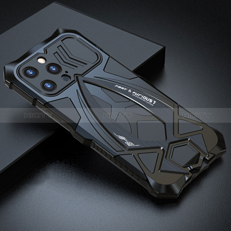 Handyhülle Hülle Luxus Aluminium Metall Tasche 360 Grad Ganzkörper LF1 für Apple iPhone 14 Pro Schwarz Plus