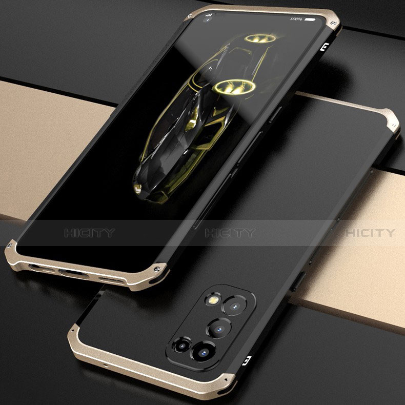 Handyhülle Hülle Luxus Aluminium Metall Tasche 360 Grad Ganzkörper M01 für Oppo Find X3 Lite 5G Gold und Schwarz