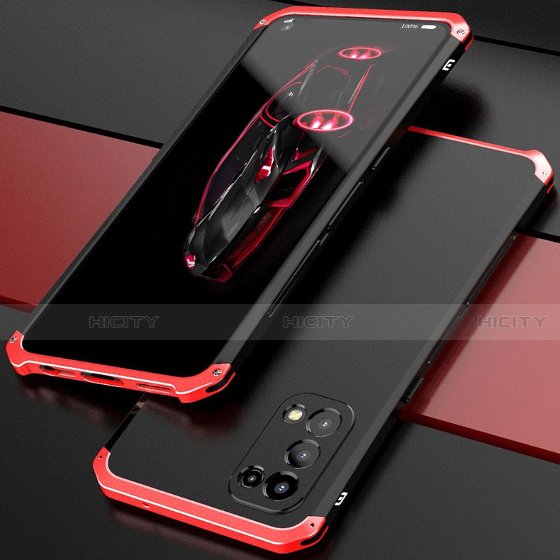 Handyhülle Hülle Luxus Aluminium Metall Tasche 360 Grad Ganzkörper M01 für Oppo Find X3 Lite 5G Rot und Schwarz