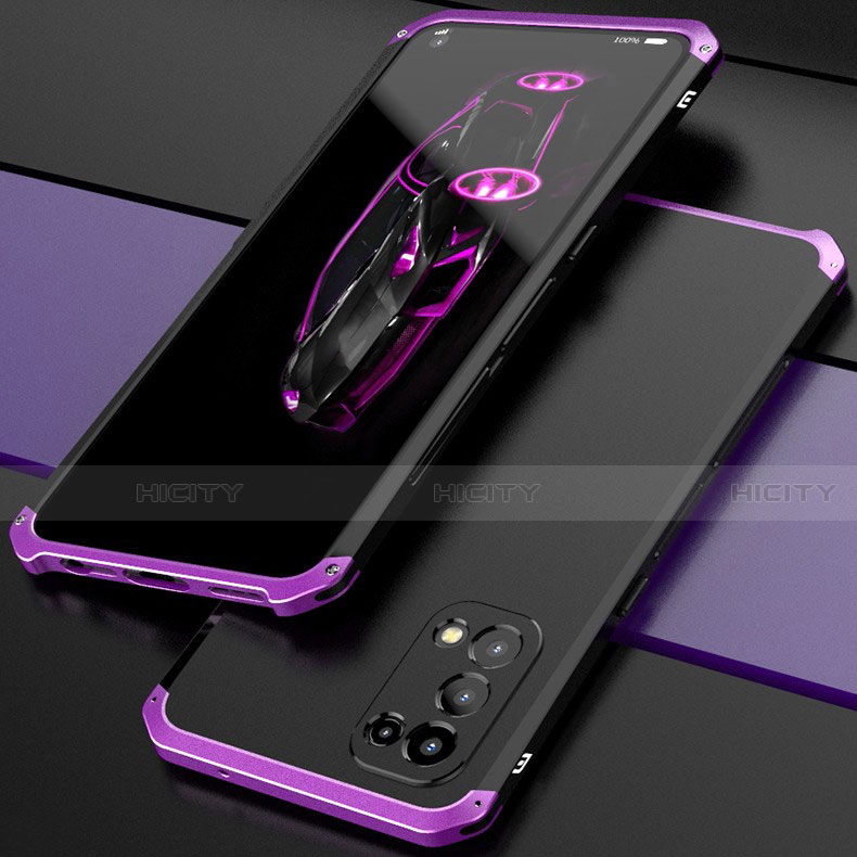 Handyhülle Hülle Luxus Aluminium Metall Tasche 360 Grad Ganzkörper M01 für Oppo Reno5 5G Violett und Schwarz