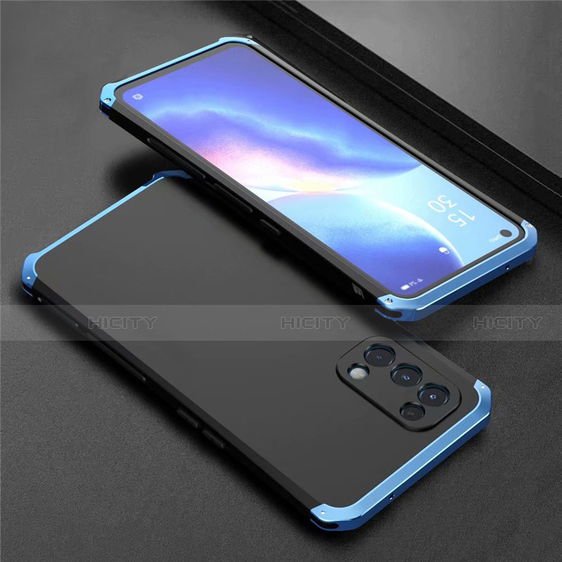 Handyhülle Hülle Luxus Aluminium Metall Tasche 360 Grad Ganzkörper M02 für Oppo Reno5 5G Blau und Schwarz Plus