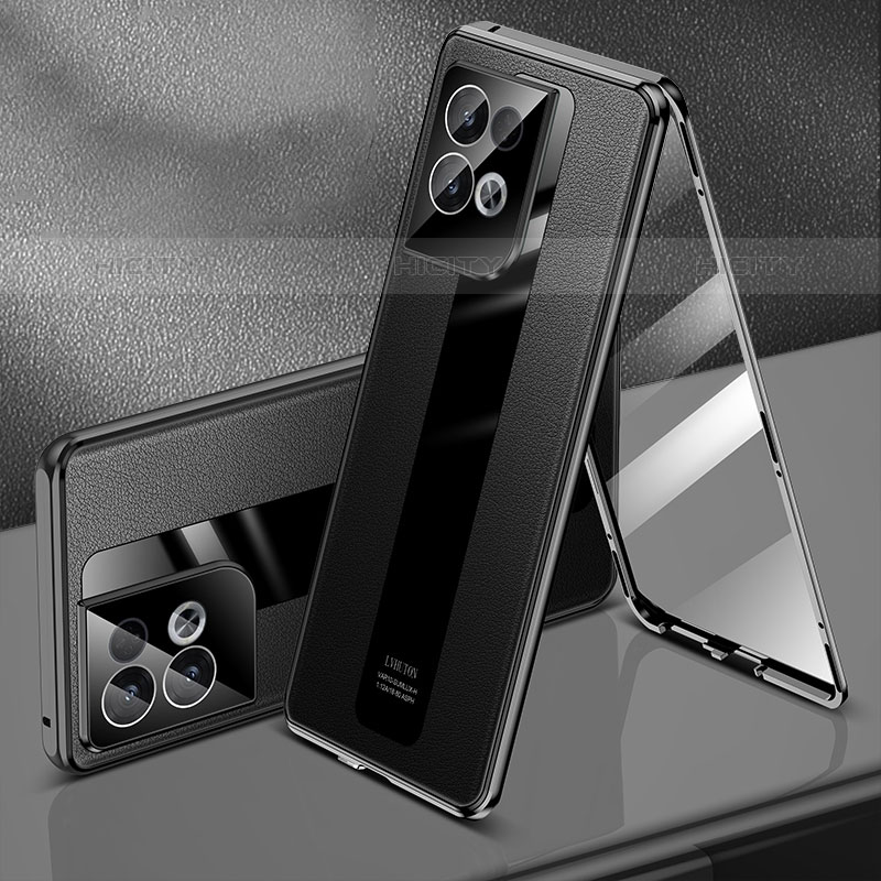 Handyhülle Hülle Luxus Aluminium Metall Tasche 360 Grad Ganzkörper P01 für Oppo Reno8 Pro 5G Schwarz