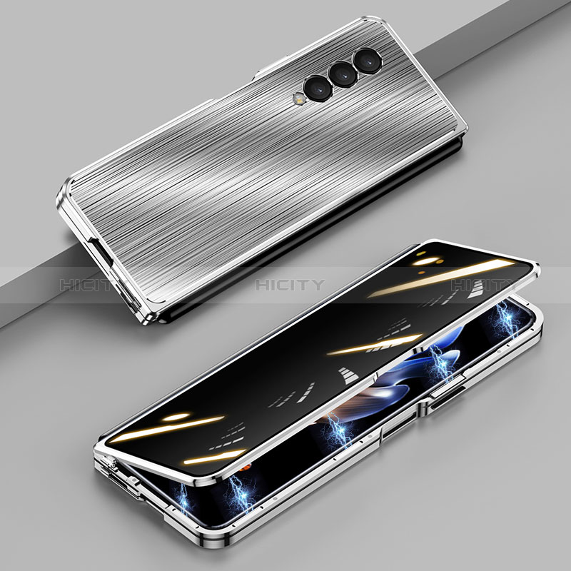 Handyhülle Hülle Luxus Aluminium Metall Tasche 360 Grad Ganzkörper P01 für Samsung Galaxy Z Fold3 5G Silber Plus