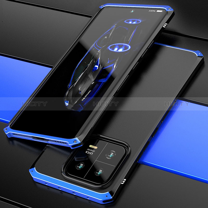 Handyhülle Hülle Luxus Aluminium Metall Tasche 360 Grad Ganzkörper P01 für Xiaomi Mi 13 5G Blau und Schwarz