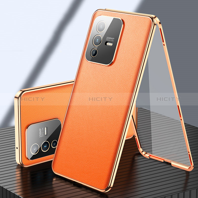 Handyhülle Hülle Luxus Aluminium Metall und Leder Tasche 360 Grad Ganzkörper für Vivo V23 Pro 5G Orange