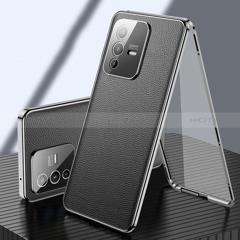Handyhülle Hülle Luxus Aluminium Metall und Leder Tasche 360 Grad Ganzkörper für Vivo V23 Pro 5G Schwarz