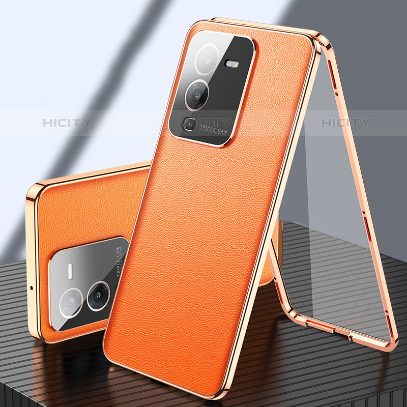 Handyhülle Hülle Luxus Aluminium Metall und Leder Tasche 360 Grad Ganzkörper für Vivo V25 Pro 5G Orange