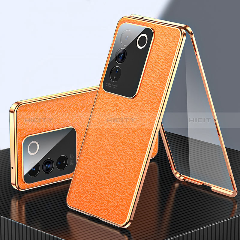 Handyhülle Hülle Luxus Aluminium Metall und Leder Tasche 360 Grad Ganzkörper für Vivo V27 5G Orange