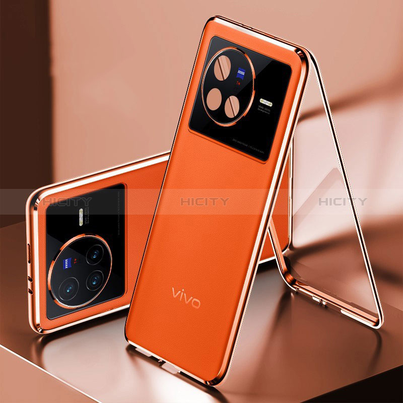 Handyhülle Hülle Luxus Aluminium Metall und Leder Tasche 360 Grad Ganzkörper für Vivo X80 5G Orange