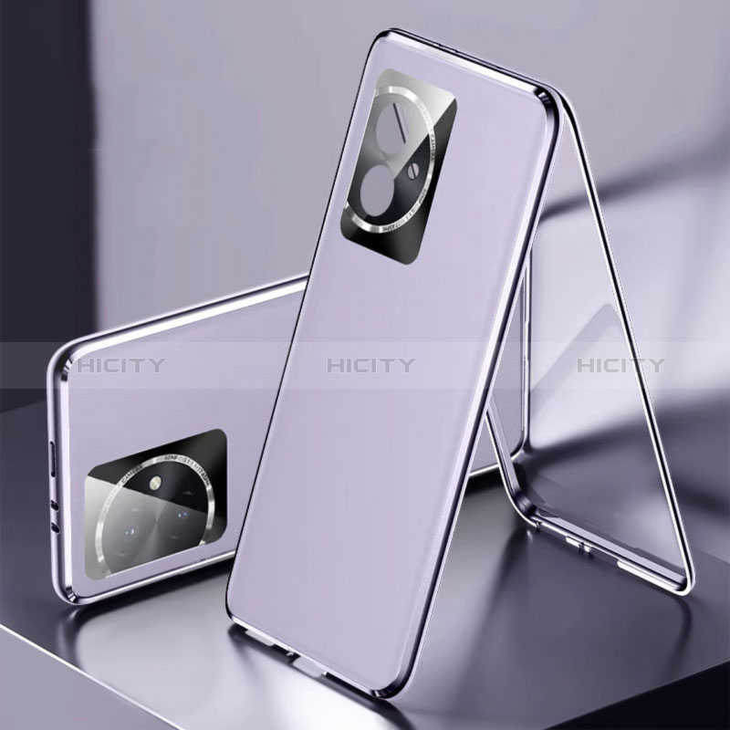 Handyhülle Hülle Luxus Aluminium Metall und Leder Tasche 360 Grad Ganzkörper P01 für Huawei Honor 100 5G Violett