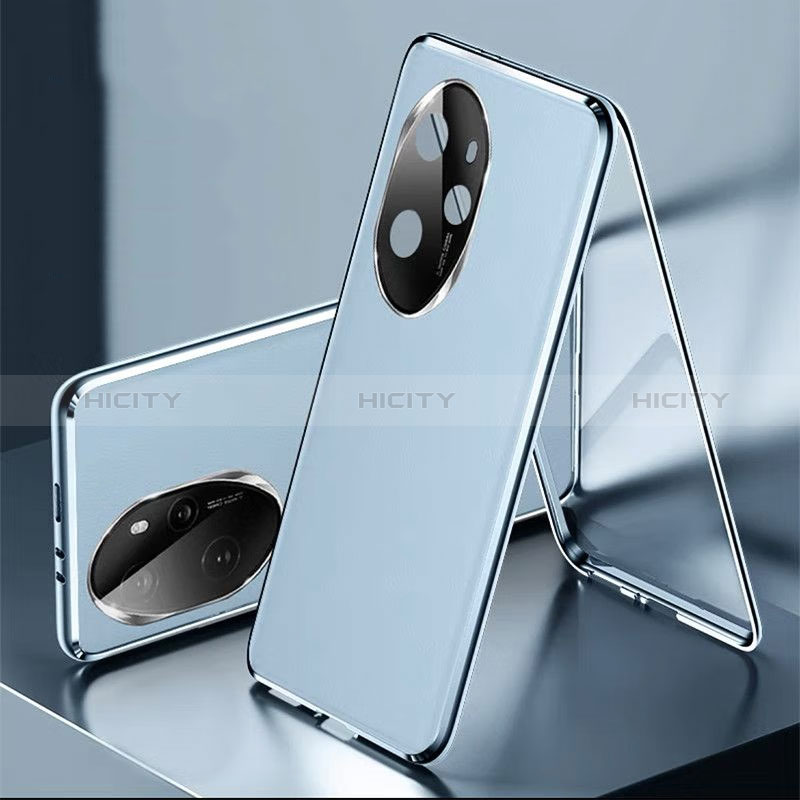 Handyhülle Hülle Luxus Aluminium Metall und Leder Tasche 360 Grad Ganzkörper P01 für Huawei Honor 100 Pro 5G Blau Plus