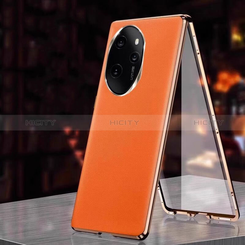 Handyhülle Hülle Luxus Aluminium Metall und Leder Tasche 360 Grad Ganzkörper P01 für Huawei Honor 100 Pro 5G Orange