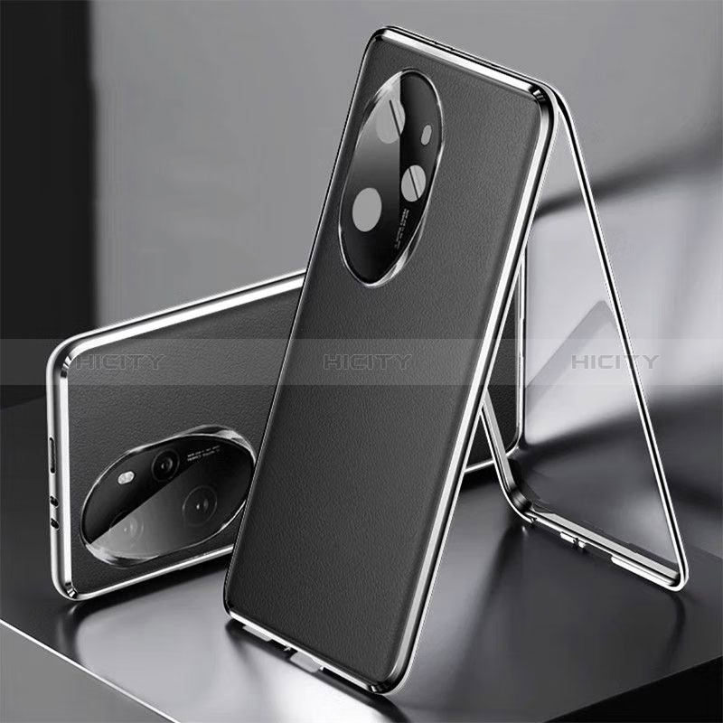 Handyhülle Hülle Luxus Aluminium Metall und Leder Tasche 360 Grad Ganzkörper P01 für Huawei Honor 100 Pro 5G Schwarz