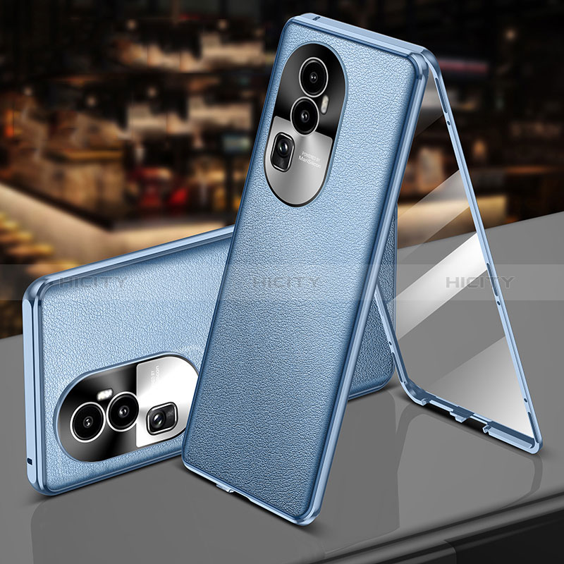 Handyhülle Hülle Luxus Aluminium Metall und Leder Tasche 360 Grad Ganzkörper P01 für Oppo Reno10 Pro+ Plus 5G Hellblau Plus