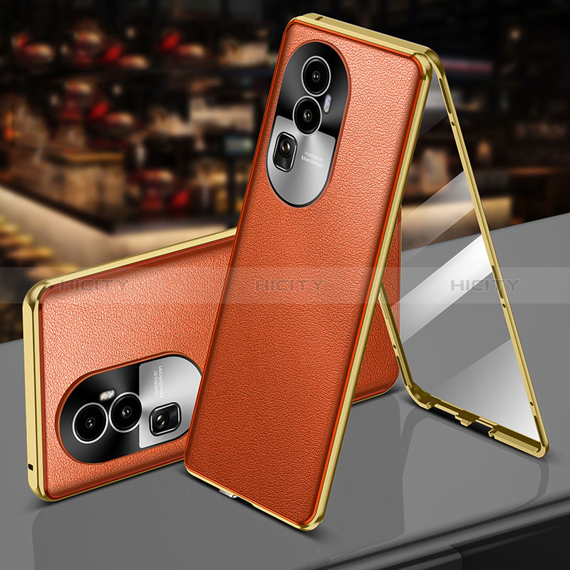 Handyhülle Hülle Luxus Aluminium Metall und Leder Tasche 360 Grad Ganzkörper P01 für Oppo Reno10 Pro+ Plus 5G Orange