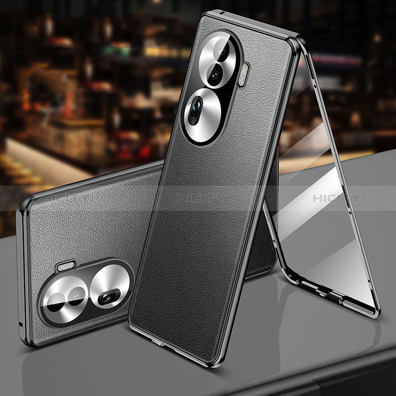 Handyhülle Hülle Luxus Aluminium Metall und Leder Tasche 360 Grad Ganzkörper P01 für Oppo Reno11 Pro 5G Schwarz Plus