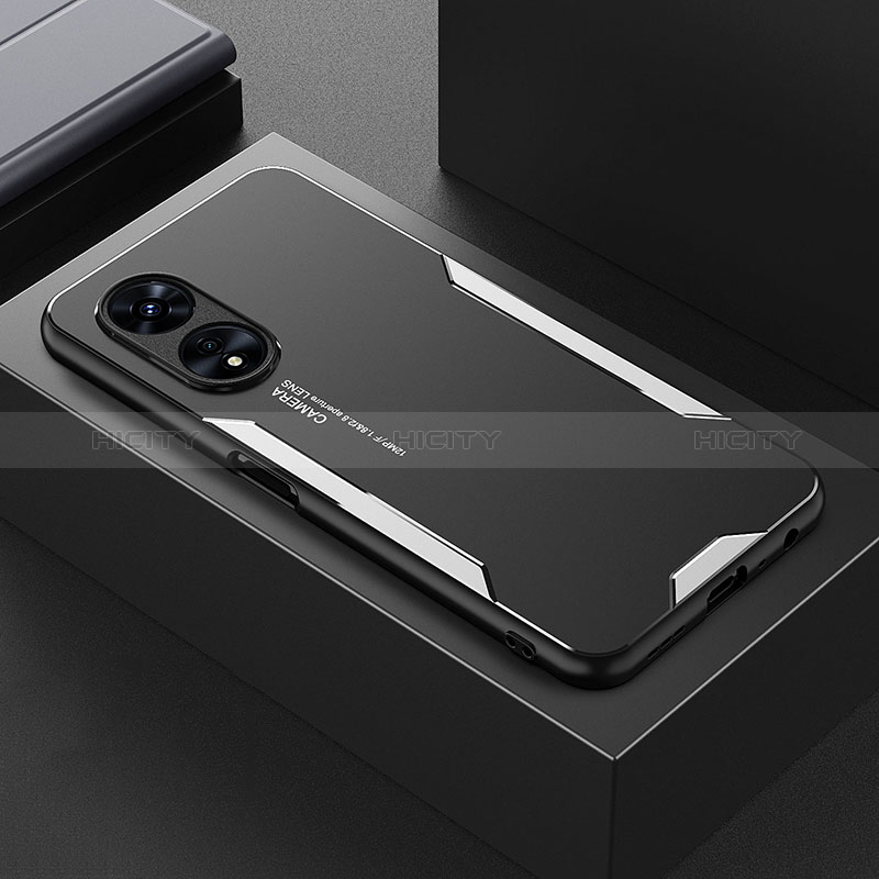 Handyhülle Hülle Luxus Aluminium Metall und Silikon Rahmen Tasche für Oppo A1 Pro 5G Silber