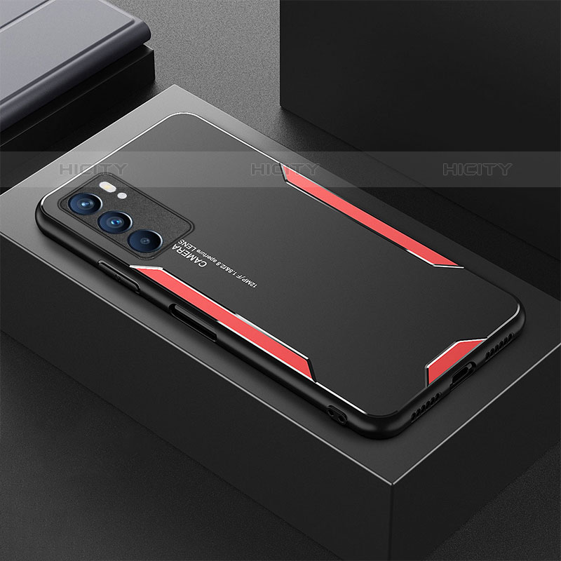 Handyhülle Hülle Luxus Aluminium Metall und Silikon Rahmen Tasche für Oppo Reno6 5G Rot Plus