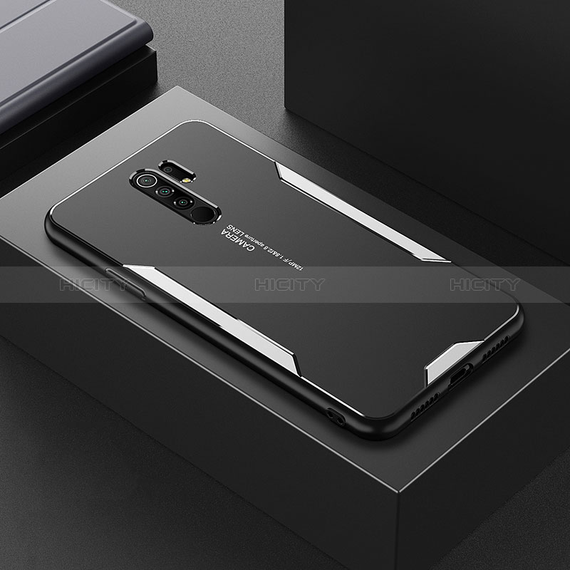 Handyhülle Hülle Luxus Aluminium Metall und Silikon Rahmen Tasche für Xiaomi Redmi 9 Prime India Silber Plus