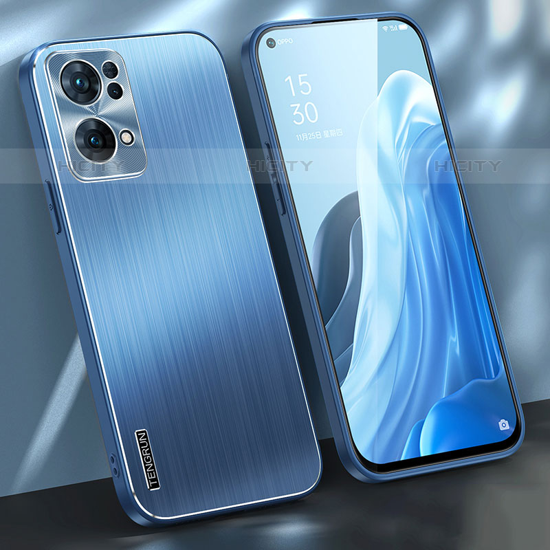 Handyhülle Hülle Luxus Aluminium Metall und Silikon Rahmen Tasche J01 für Oppo Reno7 Pro 5G Blau