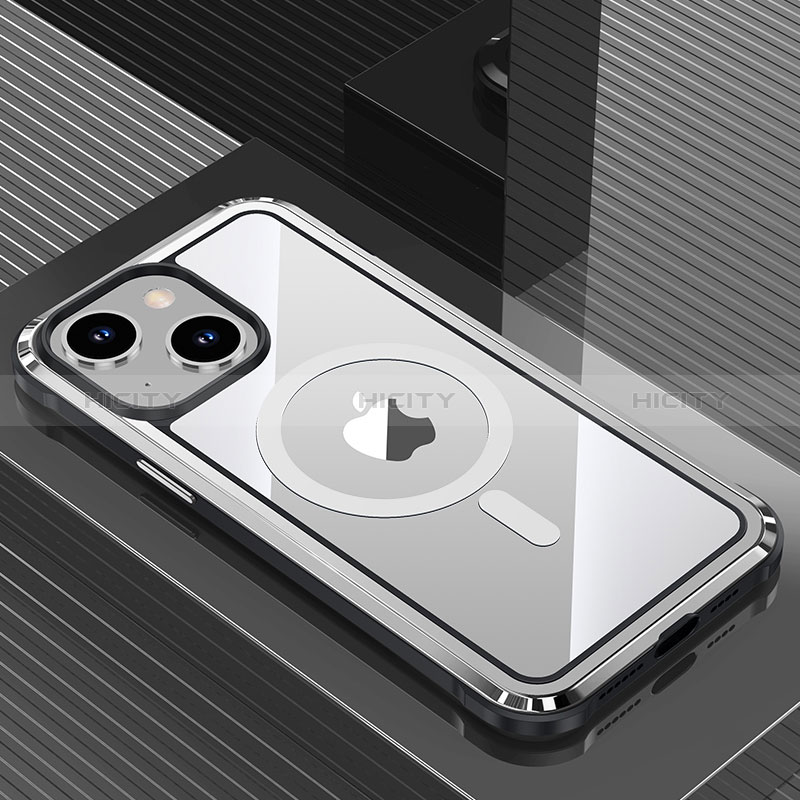 Handyhülle Hülle Luxus Aluminium Metall und Silikon Rahmen Tasche mit Mag-Safe Magnetic Magnetisch QC1 für Apple iPhone 14 Plus Silber Plus