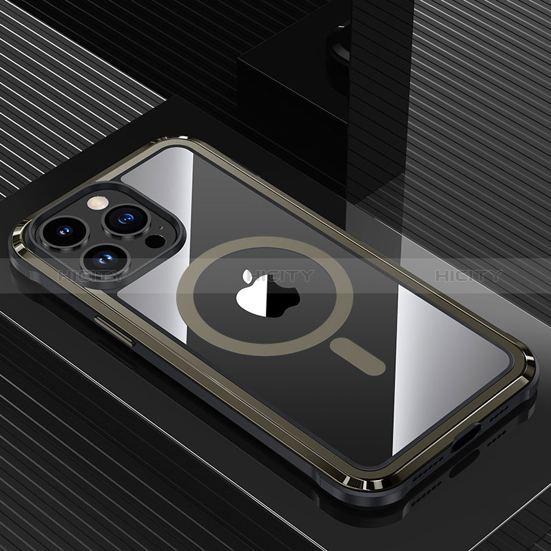 Handyhülle Hülle Luxus Aluminium Metall und Silikon Rahmen Tasche mit Mag-Safe Magnetic Magnetisch QC1 für Apple iPhone 14 Pro Max Schwarz Plus