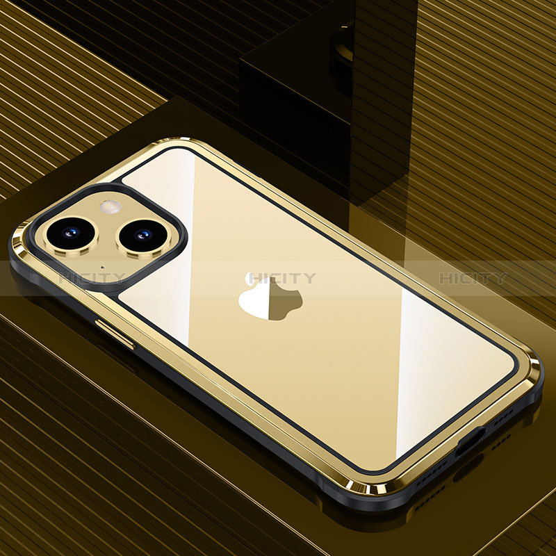 Handyhülle Hülle Luxus Aluminium Metall und Silikon Rahmen Tasche QC1 für Apple iPhone 14 Gold Plus