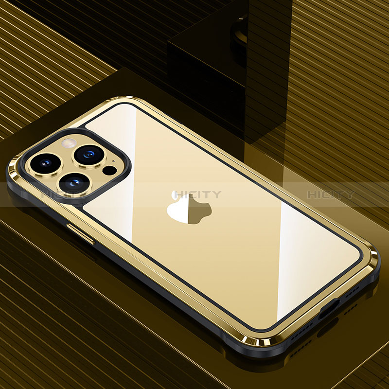 Handyhülle Hülle Luxus Aluminium Metall und Silikon Rahmen Tasche QC1 für Apple iPhone 14 Pro Max Gold Plus