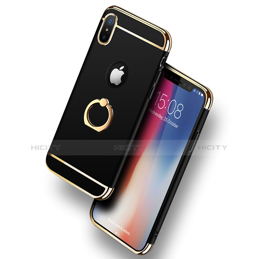 Handyhülle Hülle Luxus Metall Rahmen und Kunststoff mit Fingerring Ständer F02 für Apple iPhone X Schwarz