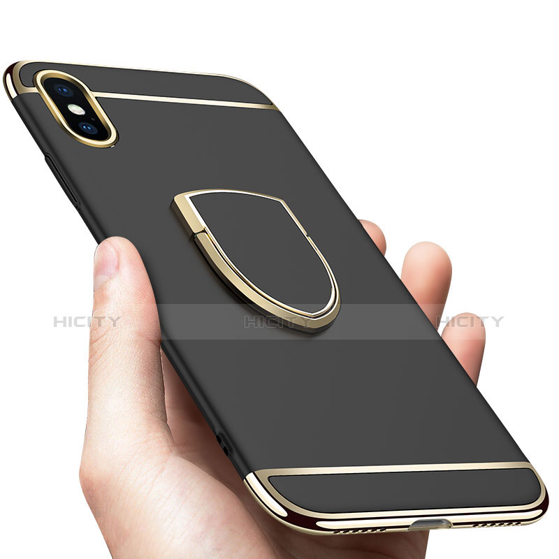 Handyhülle Hülle Luxus Metall Rahmen und Kunststoff mit Fingerring Ständer F05 für Apple iPhone X Schwarz